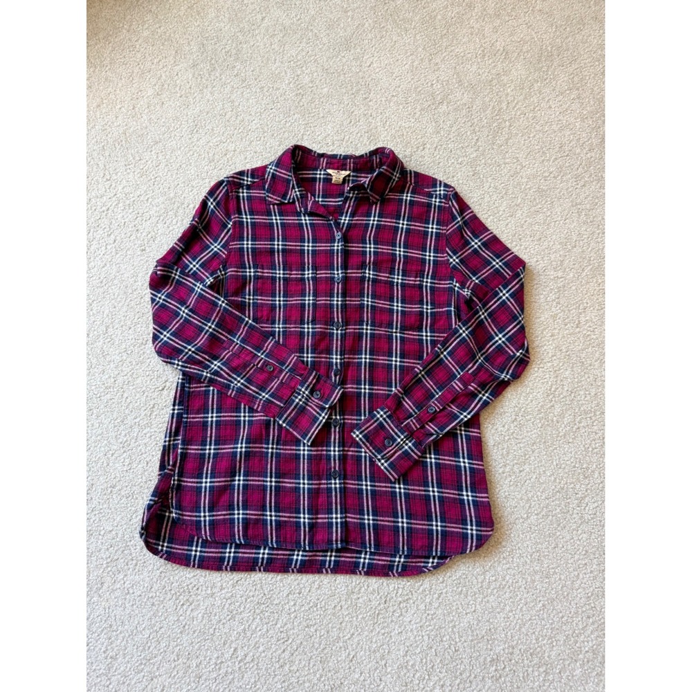Woolrich Womens Plaid Flannel Button Down Shirt Burgundy/Navy Blue Size M